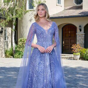 New Smoky Blue Beaded Maxi Mother Of Bride Mesh Gown w/ Cape Sleeves GL3833